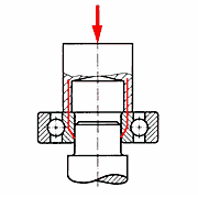 A sketch of installing bearings including the mounting forcing passing through the balls and an arros pointing to the line of force