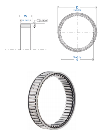 A GMN sprag clutch below two drawings representing the width and diameter of the clutch.