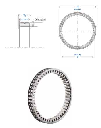 A GMN sprag clutch below two drawings representing the width and diameter of the clutch.