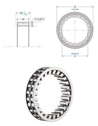A GMN FE 8000 sprag clutch below two drawings representing the width and diameter of the clutch.