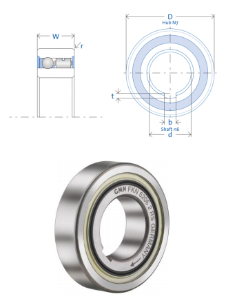 GMN FKN 6206 2 RS clutch below two drawings representing the width and diameter of the clutch.