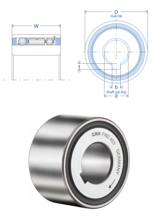 GMN FND 543 sprag clutch below two drawings representing the width and diameter of the clutch.