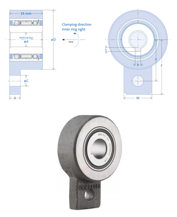 GMN RA 400 series clutch below two drawings representing the clutch's dimensions and clamping direction.