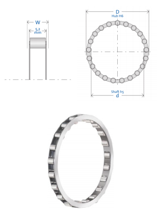 GMN RL roller bearing below two drawings representing the bearing's width and diameter.