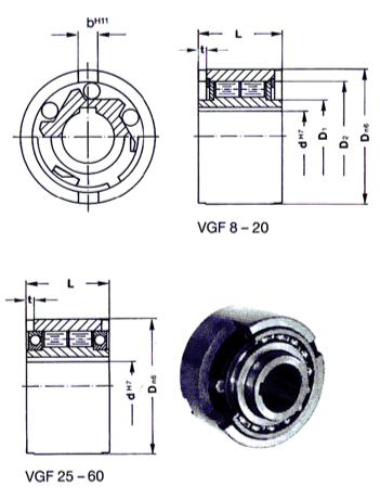 GMN's VGF series roller ramp clutch dimension drawings.