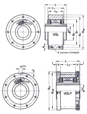 GMN's VGL and VGLP series roller rank clutch dimension drawings.