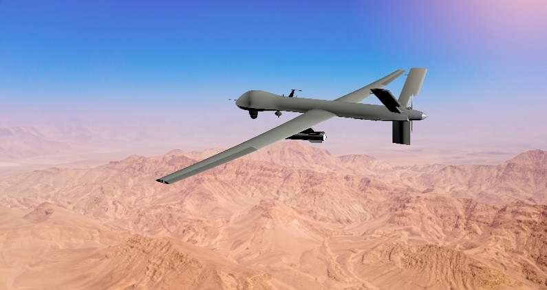 rendered image of a microturbine application flying over a desert